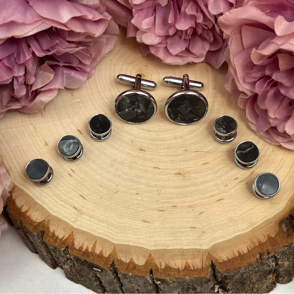 Black Mother of Pearl Cufflinks Tuxedo Studs Formal 8 Pcs Set - Picture 7 of 16